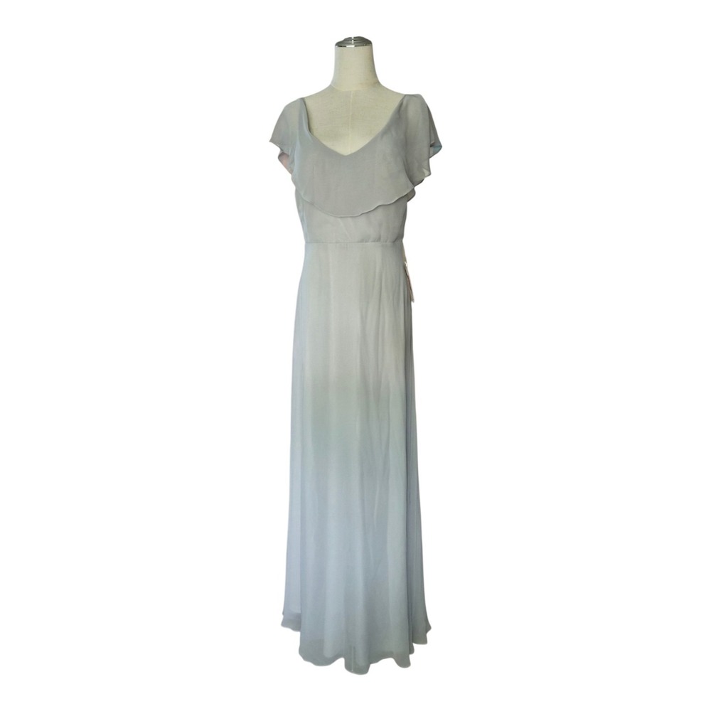 Birdy Grey Jane Dress Large Dove Gray Chiffon Ruffle Maxi Bridesmaid Pockets NWT